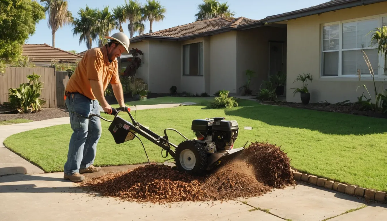 A local stump grinding provider working in a residential yard in Pinellas Park